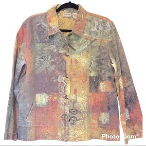 Vintage Retro 90s Chico’s Patterned Boho Colored Denim Jean Jacket 12 L EUC